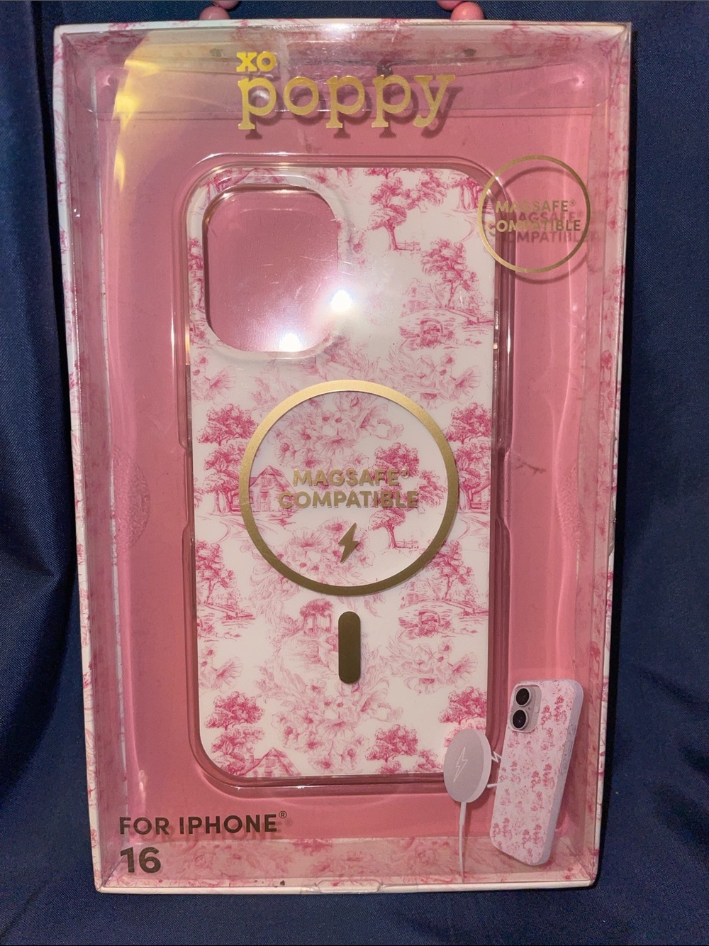 xo poppy MagSafe iPhone 16 Case in Pink Toile